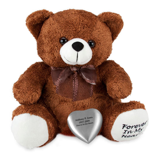Teddy Bear Urn - Brown - Silver Heart Engraved - Forever In My Heart Embroidered
